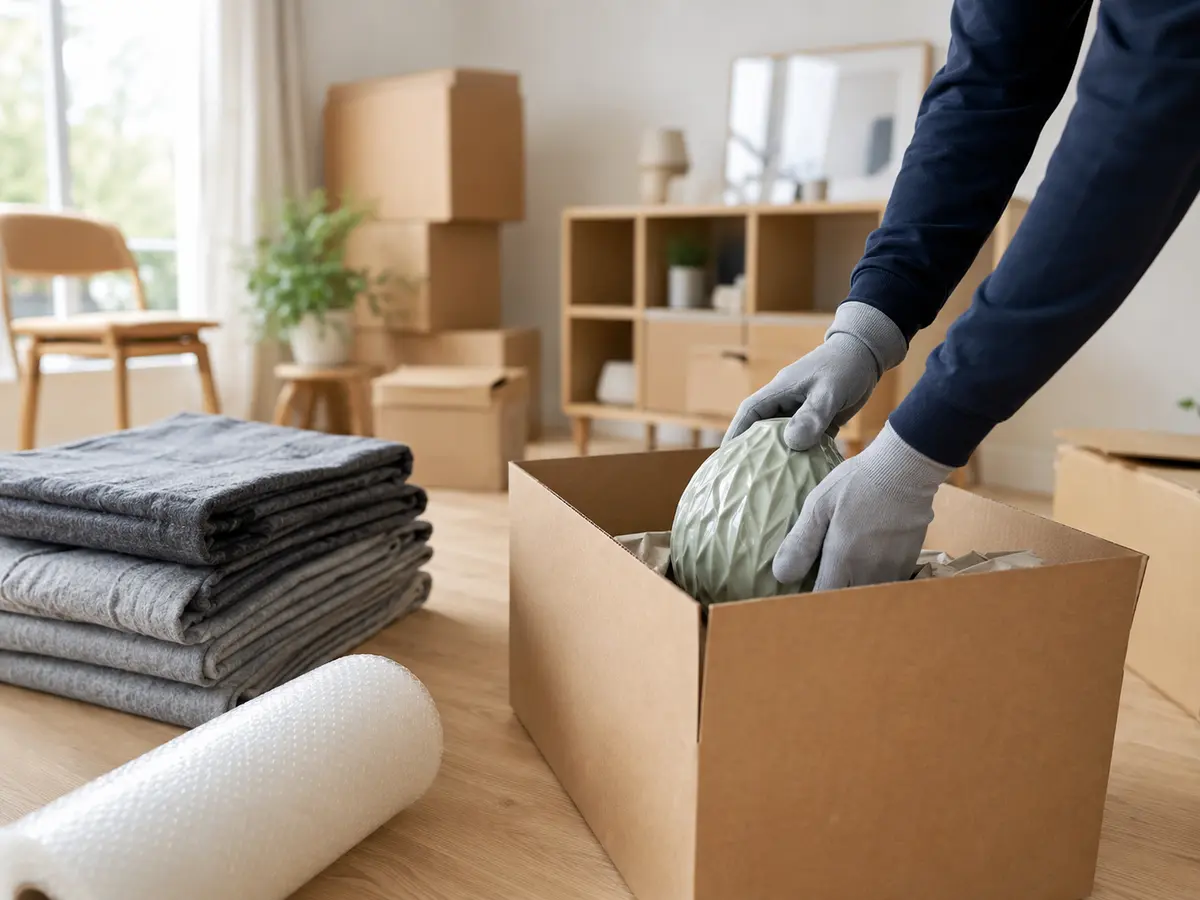 Zorgvuldige woningontruiming met verhuisdozen en beschermende handschoenen