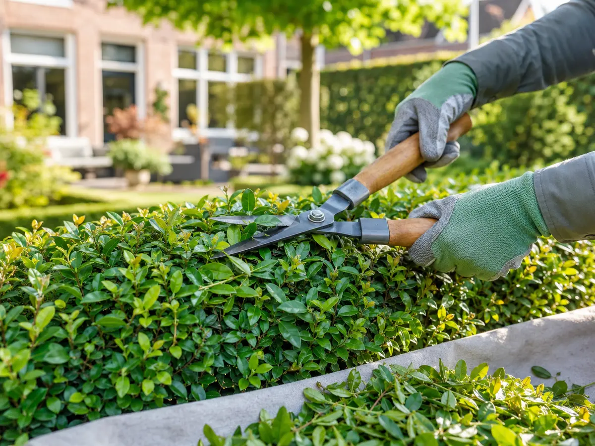 Tuinonderhoud met handschoenen en een heggenschaar